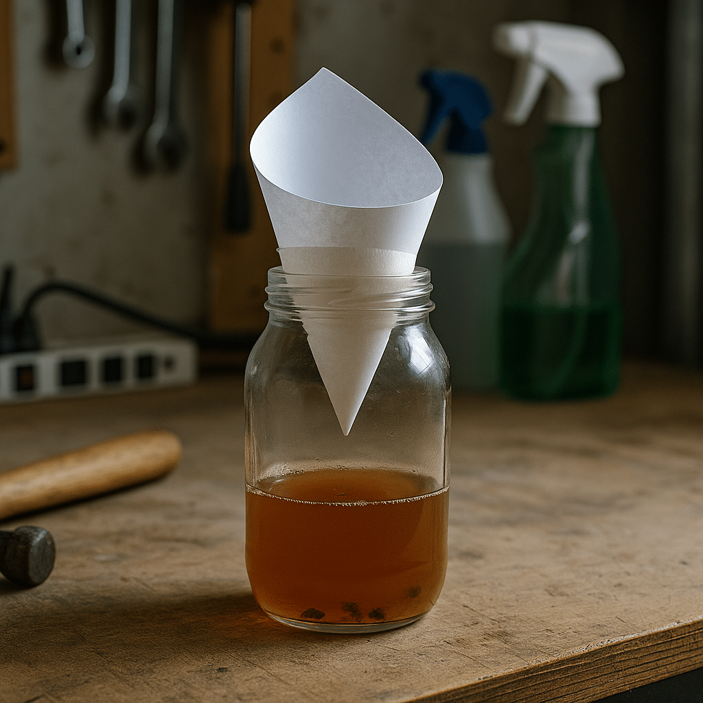 A realistic DIY fly trap on a garage workbench: a clear glass jar filled with apple cider vinegar and a few drops of dish soap, topped with a paper funnel taped to the rim. The garage background includes common items like hand tools, spray bottles, and a power strip. Several dead flies are visible inside the jar. The lighting is soft with a natural indoor glow.
