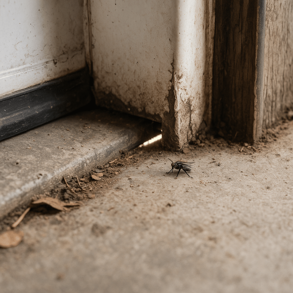 Close-up of the bottom corner of a garage door with worn-out weatherstripping. There’s a visible gap between the door and the concrete floor, with natural daylight peeking through. A fly is resting near the gap. The surrounding area shows dirt, leaves, and signs of wear and tear. The photo should emphasize the potential entry point for flies with accurate textures on the floor and door materials.