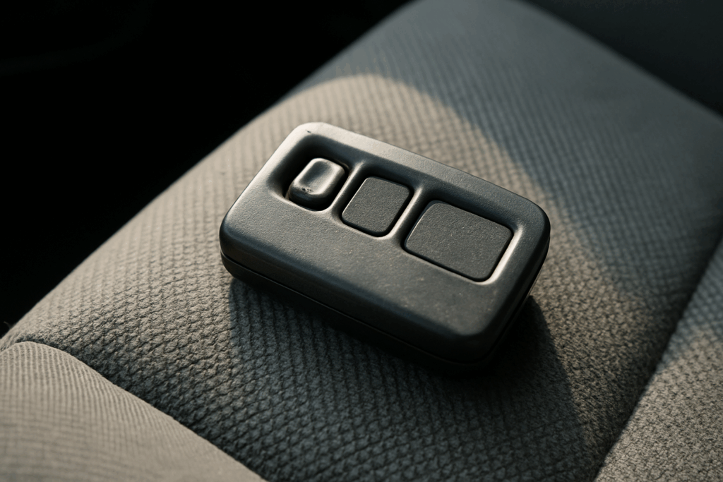 Close-up shot of a worn-out garage door remote lying on the seat of a car. One button is visibly stuck in a pressed-down position. The remote looks old and slightly scratched. Realistic textures on the seat fabric and remote body. Natural sunlight filtering through the car window. 4:3 aspect ratio, photorealistic.