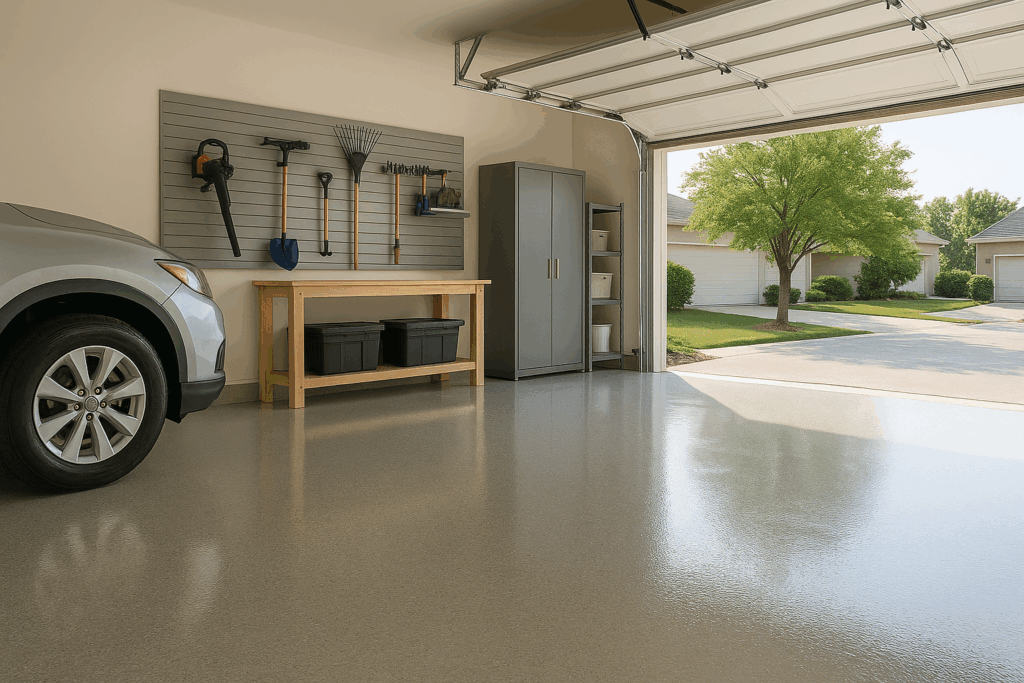 A clean, modern garage with a freshly mopped, glossy epoxy-coated floor. Natural daylight streams in through a partially opened garage door. A neatly parked car, a wall-mounted storage system, and a few tools hung neatly complete the scene. The floor reflects light subtly, highlighting the shine and smooth texture of the epoxy finish.