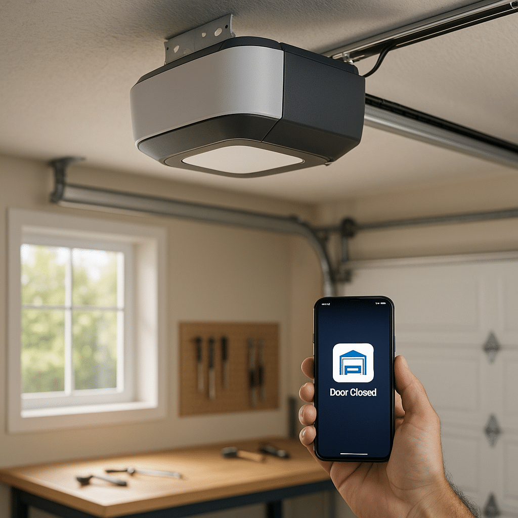 A modern smart garage door opener system shown installed neatly in a finished garage ceiling. The opener has a sleek, compact design, and nearby on a workbench, a smartphone is displaying a garage door control app with "Door Closed" status. Cozy daylight streaming through a side window.