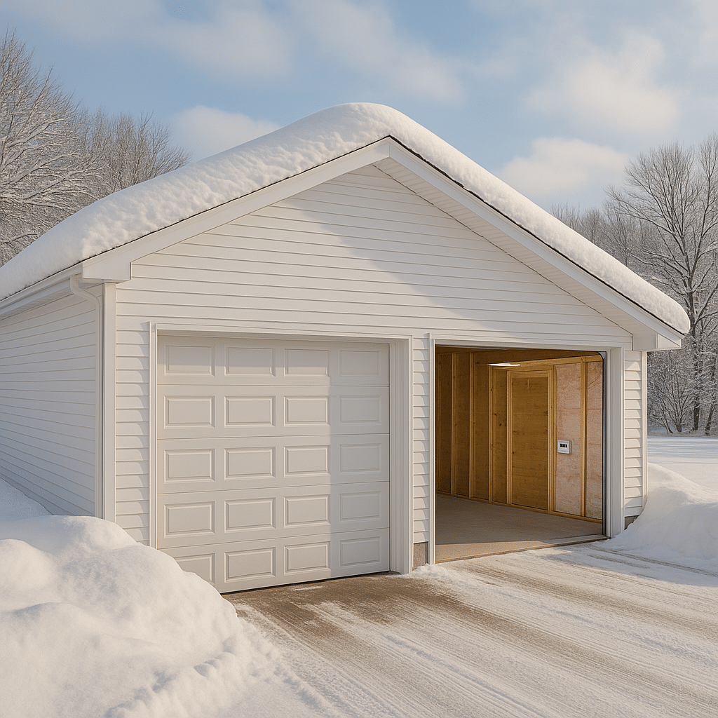 A photorealistic winter exterior showing a snow-covered, detached three-car garage in a northern climate. The garage is standalone with white siding and insulated steel doors. One door is open, revealing a bright, well-insulated interior (visible fiberglass batts in the ceiling). Thereβs snow on the roof and driveway, and soft sunlight casts long shadows. A thermostat is mounted just inside the garage, indicating the space is heated.