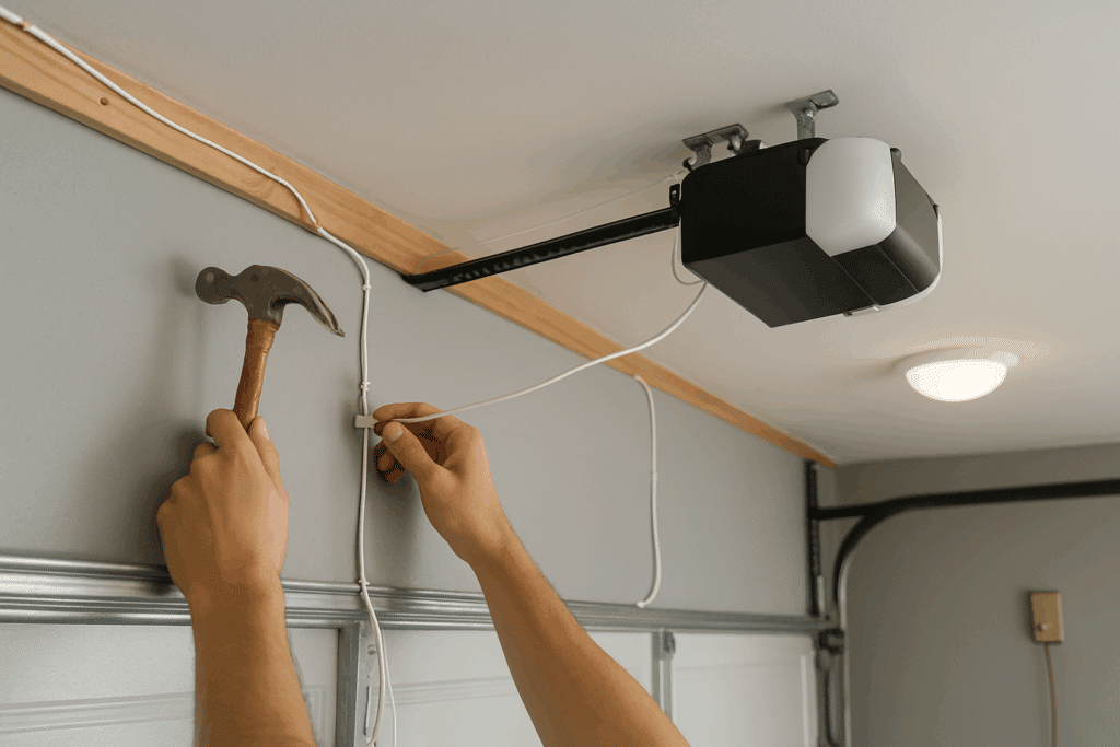 Wide shot showing neat routing of low-voltage wires from the wall control and safety sensors to the motor unit. The wires are secured with insulated clips along the garage ceiling and down the wall, following a clean and logical path. A person’s hand is mid-action attaching a clip with a small hammer. Everything should be scaled accurately—wires, hands, motor unit, and visible garage components like the door rail and ceiling light.
Placement: After this sentence: