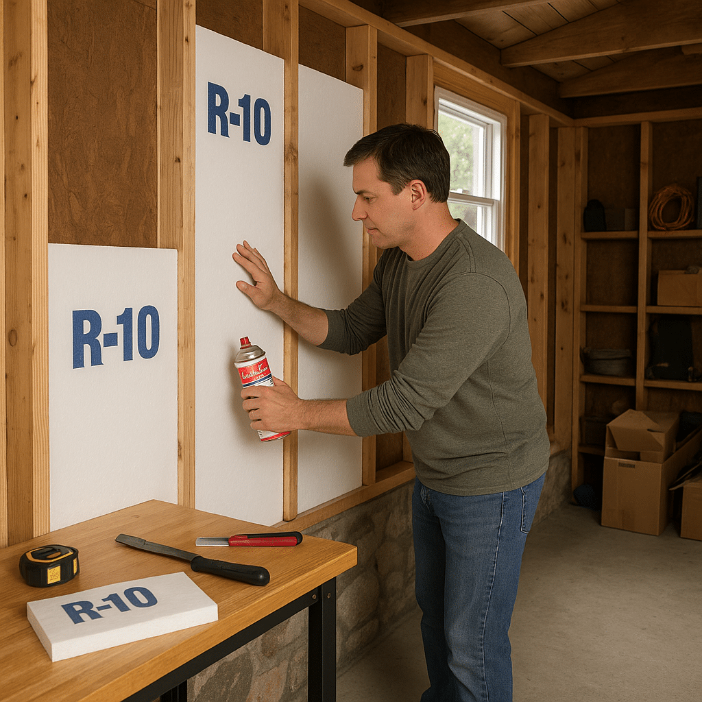 A realistic indoor photo of a homeowner in casual clothes installing rigid foam boards inside an unfinished single-car garage. The foam boards are white and clearly labeled with R-values. The homeowner is using adhesive spray and a utility knife, with tools neatly placed on a workbench nearby. The garage looks modestβconcrete floor, wood framing, some items stored along the wall. Foam panels already installed are flush between studs. Lighting is natural with one open window.